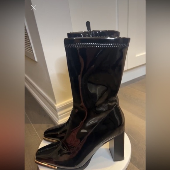 Faux Patent Leather Square Metal Toe Mid Calf Thick High Heels Go Go Boots - Picture 16 of 16